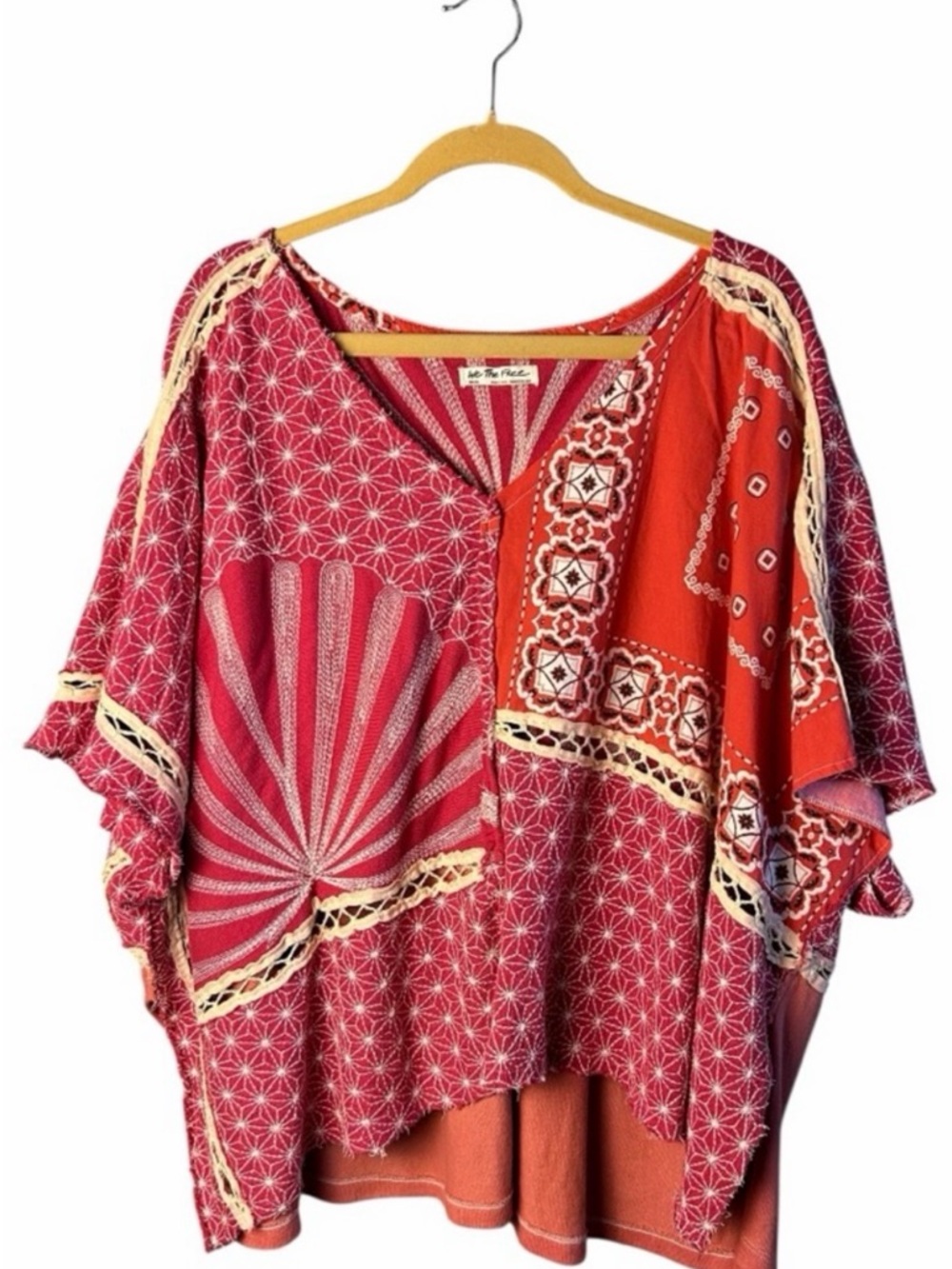 We The Free Red Patchwork Boho Tunic with Crochet Trim